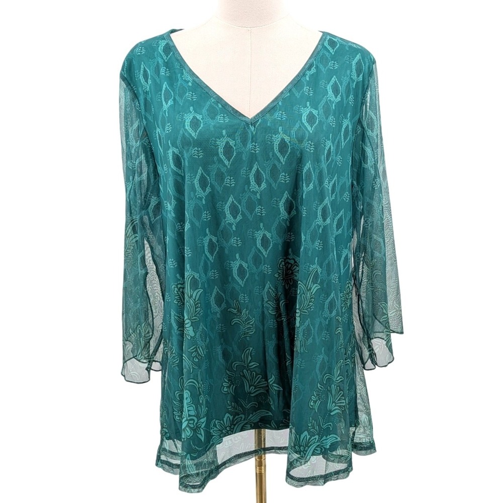 Mesh Tunic Blouse Teal Floral Bell Sleeve Lined Boho Lightweight Women's L